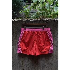 Retro Red & Pink Colorblock Track Shorts with White Piping – Size M